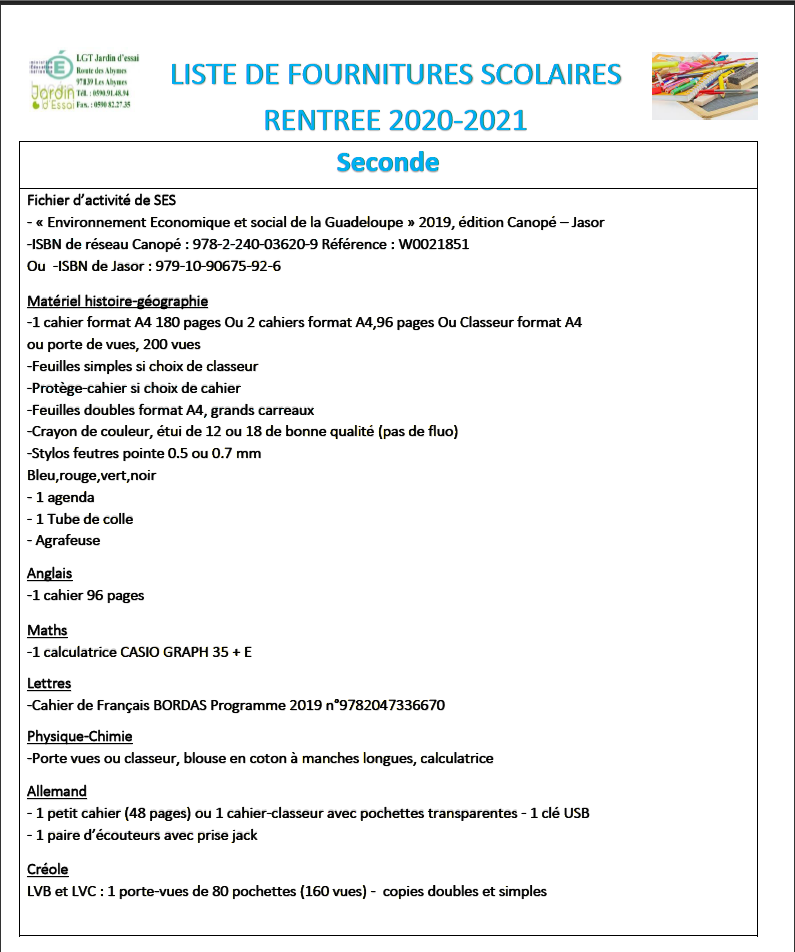 LISTE DES FOURNITURES SCOLAIRES 2020-2021
